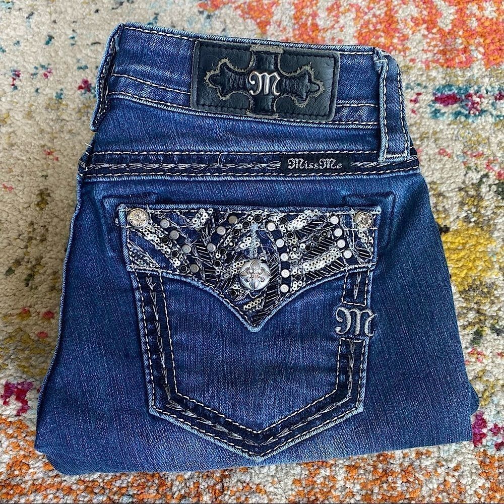 Miss Me Signature Rhinestone Flap Pocket Bootcut Jeans